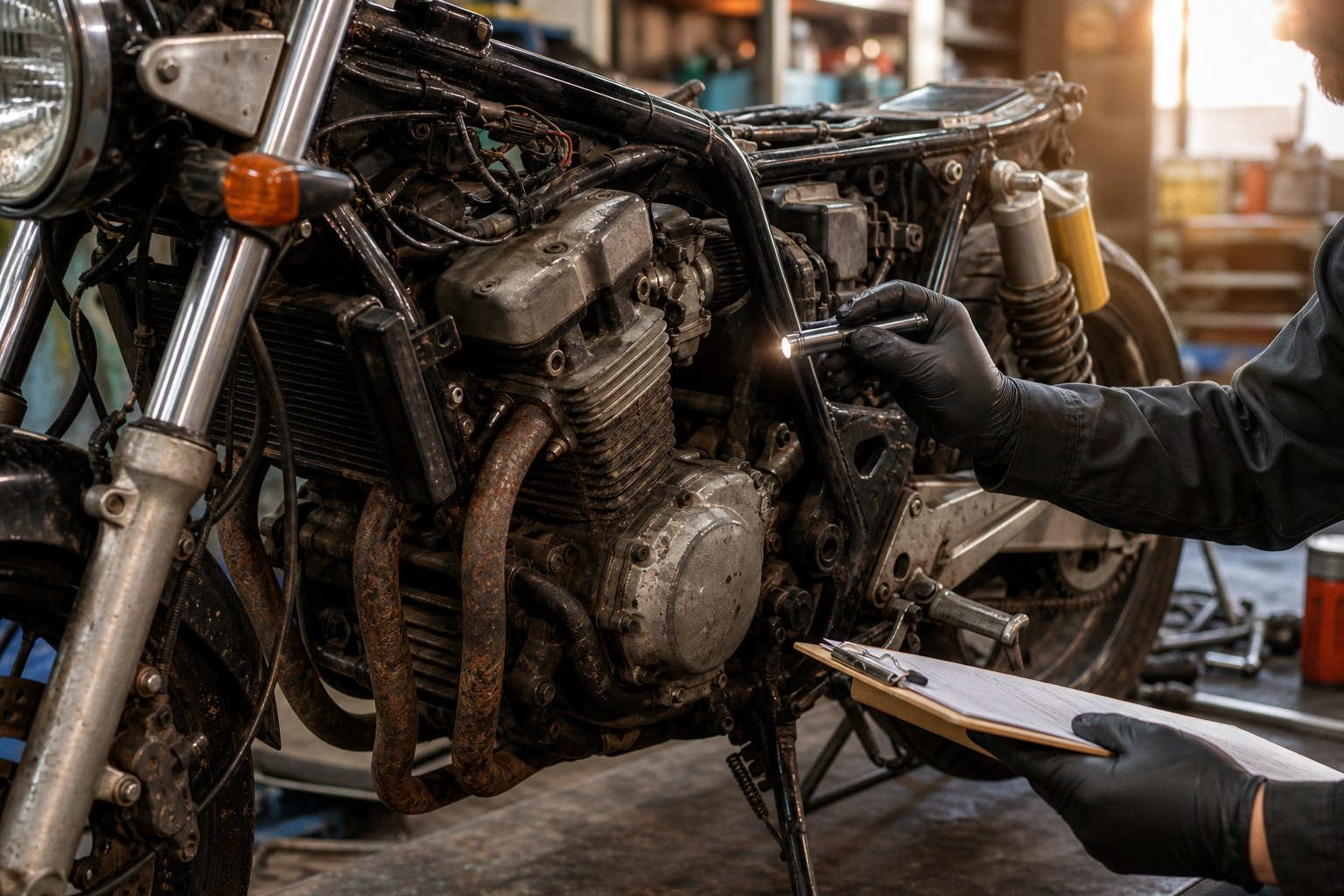 古いバイクのエンジンや部品を細かく確認する査定スタッフ