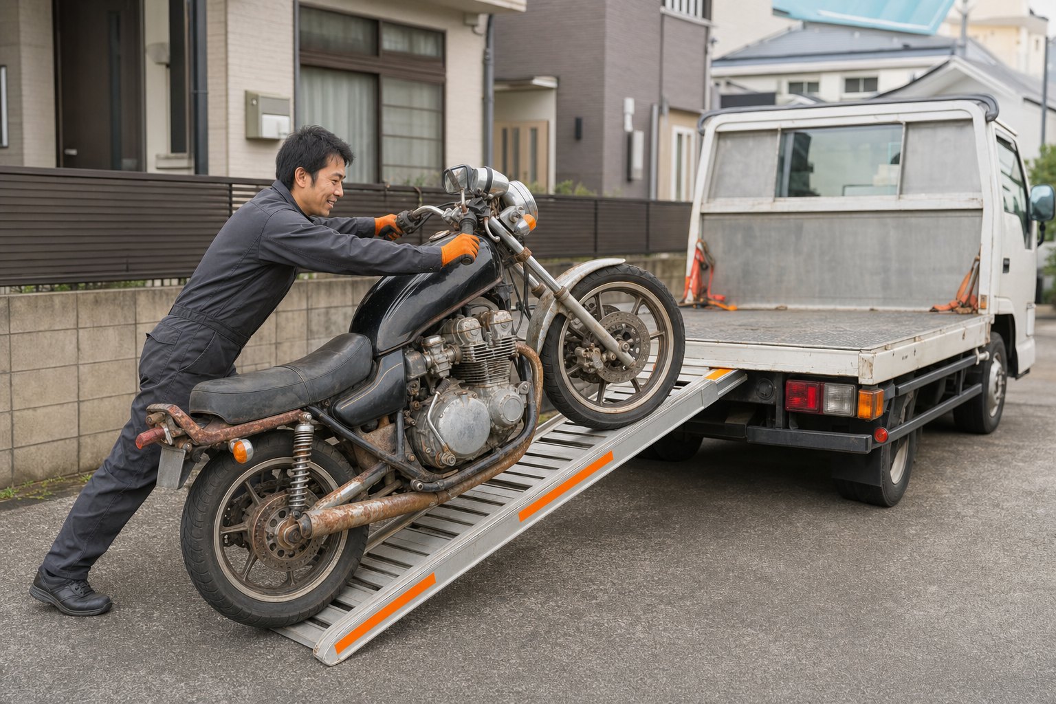 動かない中古バイクを積載車へ安全に積み込むスタッフ