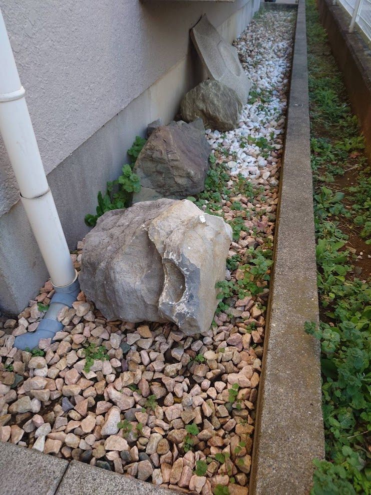 建物脇の狭い場所にある撤去前の庭石