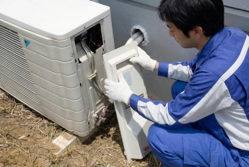 エアコンの室外機を取り外している人